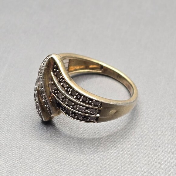 VTG Sterling Silver Vermeil Diamond Wave Band Ring Size 7 Cluster Signed - Picture 6 of 11